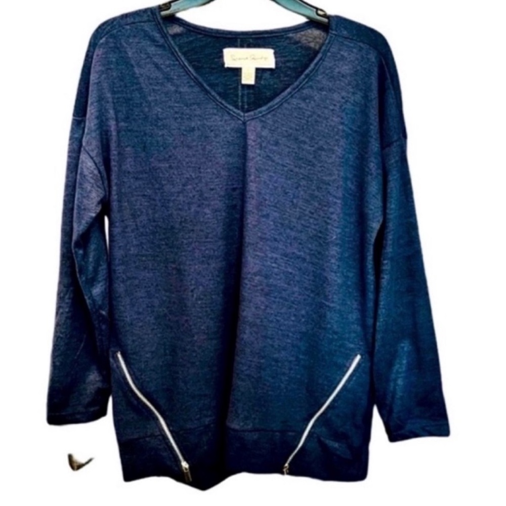 French Laundry Long Sleeve Pullover Sweater V-neck Zipper Details Blue Size L